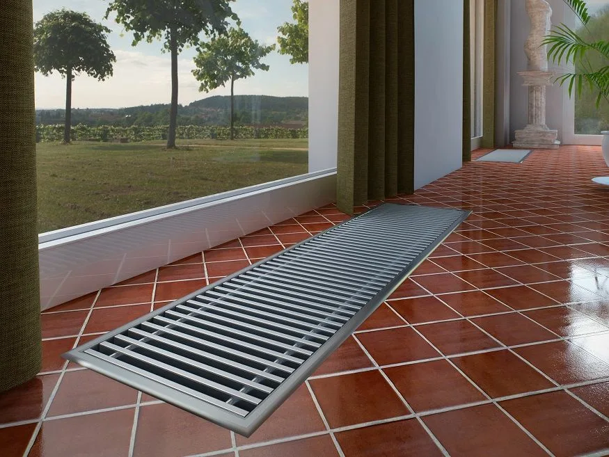 GETL0.01146038.RNA. Мощность 3833 Вт. Внутрипольный конвектор , естественная конвекция, сторона подключения - правая. Глубина - 110, ширина - 380, длина - 4600. С решеткой, цвет - серебро