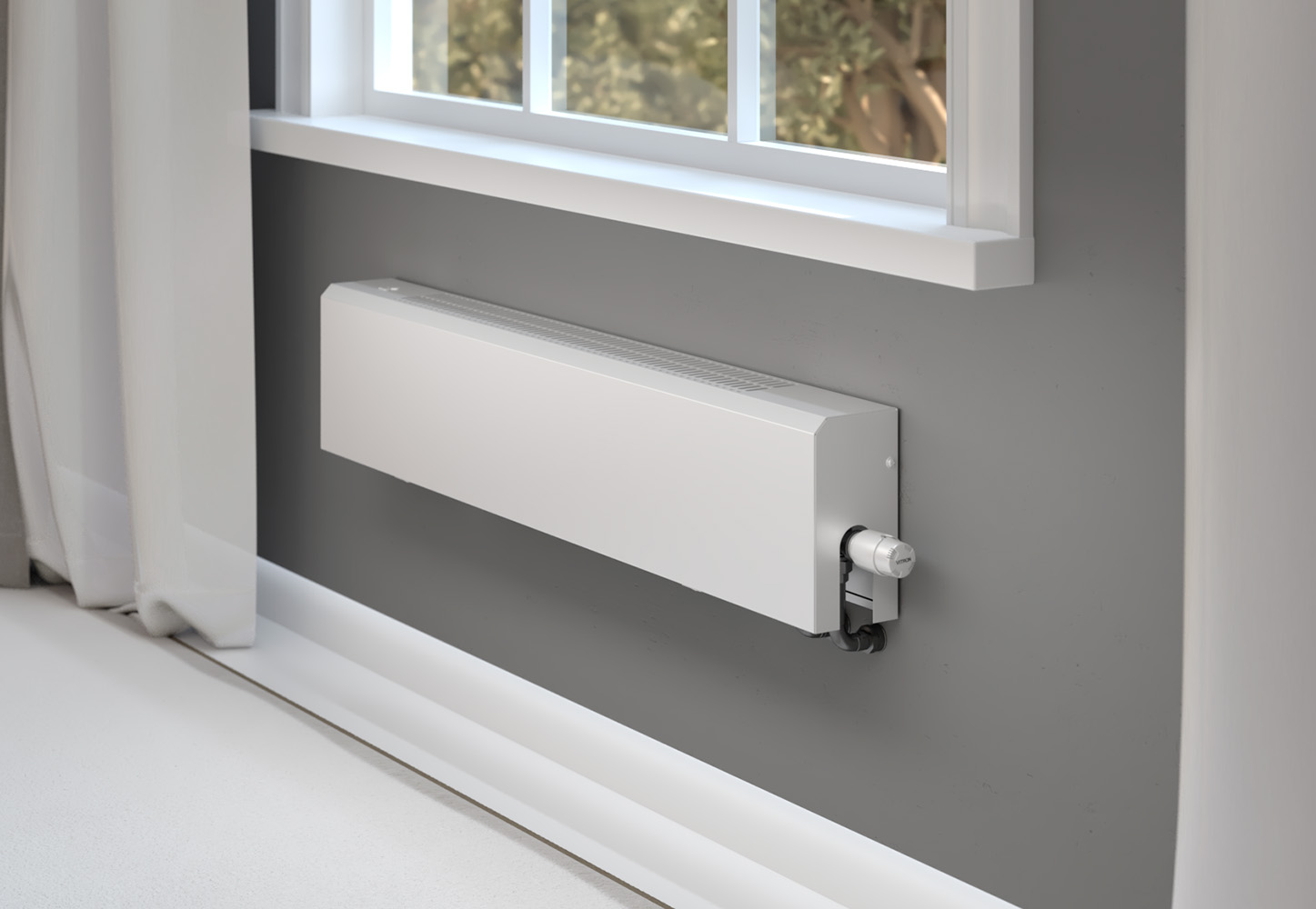 Vitron ВКС 300.75.1000. Настенный конвектор , естественная конвекция, сторона подключения - правая, подключение - Нижнее. Высота - 300, ширина - 75, длина - 1000.2ТВ Тепловая мощность 980 Вт.Ral 7001 Серебристо - белый